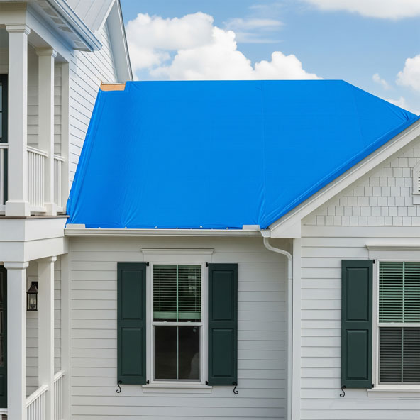 A clean blue emergency tarp professionally installed on the roof of a beautiful Pensacola beach house.