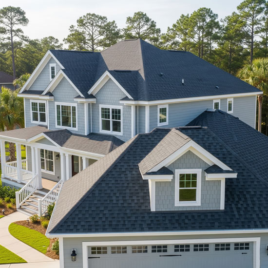 An expertly installed architectural shingle roof on a beautiful waterfront home in Gulf Breeze, FL.