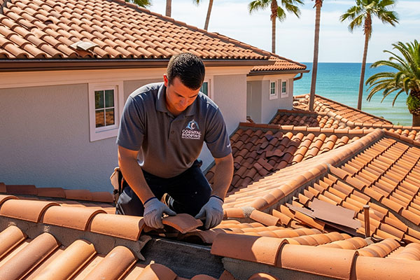 A technician performing a meticulous tile roof repair on a luxury home in Destin.